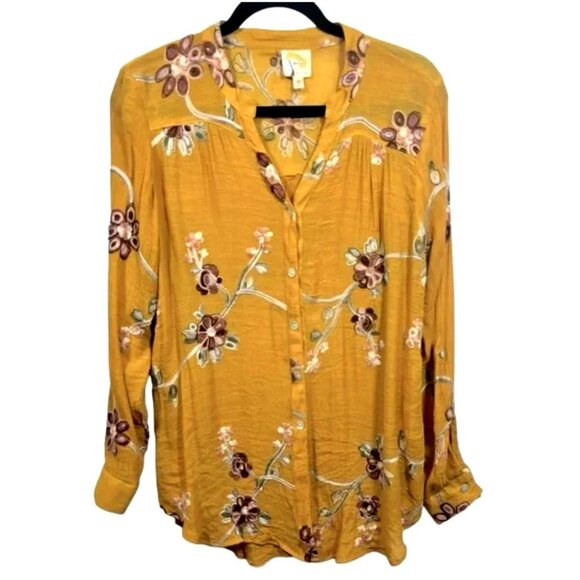 Anthropologie Figuera Flower Gold Floral Embroidered Roll Tab Top Shirt Blouse S - Picture 6 of 10